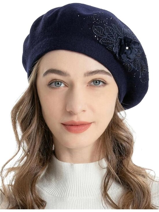 Women\'s French Beret Hat Reversible Solid Mosaic Warm Beret Cap Flower Navy